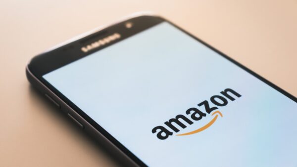 black Samsung Galaxy smartphone displaying Amazon logo