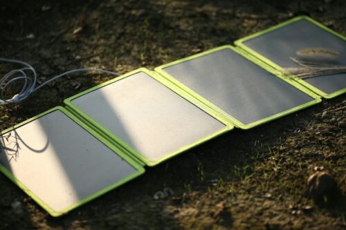 a group of green rectangular objects on dirt