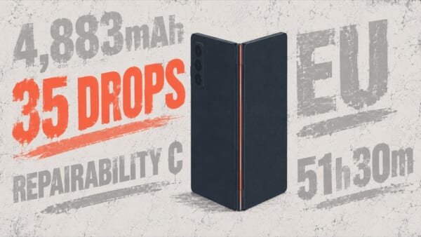 iPhone Duoの製品情報シート——バッテリー容量4,883mAhと開いた状態での落下テスト35回